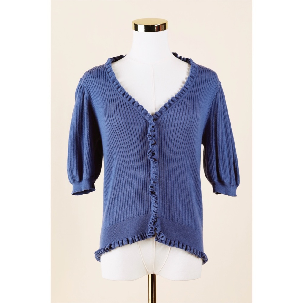 Sz L PAIGE Tasha Short Sleeve Cotton & Silk Blend Cardigan In Blue Yonder EUC